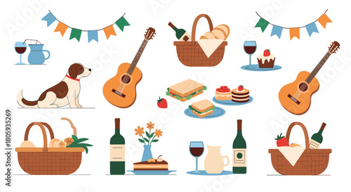 A delightful collection of picnic essentials including food, drinks, music, baskets, and a dog, perfect for outdoor fun.