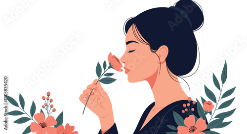 A serene woman with dark hair tied in a bun gently smells a beautiful pink flower held delicately in her hand, surrounded by vibrant foliage.