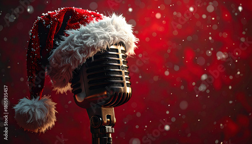 Christmas Caroling: Vintage Microphone with Santa Hat