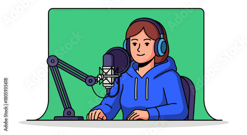 Woman Podcast Host Illustration Broadcasting from Home Studio