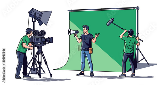 Behind the scenes of a movie production, showcasing the teamwork of a director, camera operator, and sound technician on a green screen set