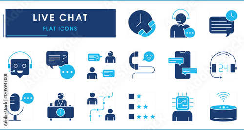 A set of flat icons related to Live Chat. Live, customer care, 24/7, help desk, chatbot, virtual, interaction, instant message, real-time, conversation, and so on.
