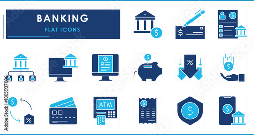A set of flat icons related to Banking. Bank, retail, commercial, online, mobile, loans, saving, checking, mortgages, credit, debit, ATM, and so on.