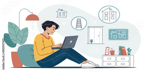 Dreaming of a New Home Renovation Project Online, Planning Interior Design Ideas at Home, House Improvement Concepts on Laptop, Interior Designer, Modern Living