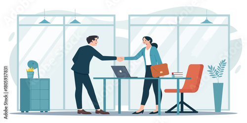 Business deal success handshake in modern office setting, showcasing teamwork and partnership, celebrating collaboration and agreement for corporate growth
