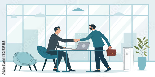 Successful business deal closes as partners shake hands in modern office, sealing collaboration and growth opportunities in a bright, professional setting