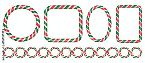 Candy cane border square circle oval Christmas frames striped lollipop pattern festive vector illustration