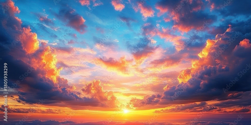 Fototapeta premium Majestic vibrant sunset over a calm ocean horizon with dramatic colorful clouds and warm golden light evoking serenity and awe