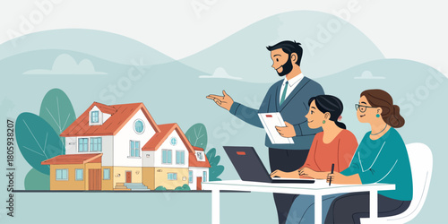 Real estate agent presents a home to prospective buyers, showcasing property investment opportunities and the excitement of finding the perfect family home