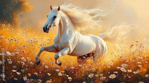 Fototapeta Naklejka Na Ścianę i Meble -  majestic white horse galloping through a sunlit wildflower meadow with flowing mane and tail, evoking freedom and joyful energy