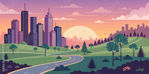 Serene city park landscape at sunset featuring towering modern skyscrapers and winding roads, perfect for urban planning and environmental design projects