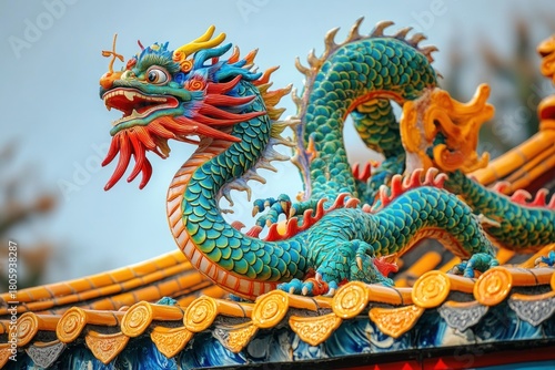 Wallpaper Mural Vibrant ceramic dragon perched on ornate tiled temple roof with majestic, fierce expression and intricate colorful scales curling along the decorative ridge Torontodigital.ca