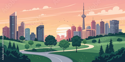 Stunning Toronto skyline sunrise view from park, showcasing urban nature and iconic cityscape, perfect for travel guides or city promotion materials