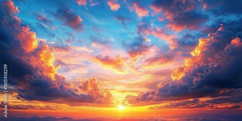 Majestic vibrant sunset over a calm ocean horizon with dramatic colorful clouds and warm golden light evoking serenity and awe