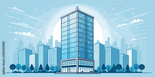 Modern cityscape featuring a vibrant high-rise office building, symbolizing business growth, urban development, and architectural innovation in a thriving metropolis