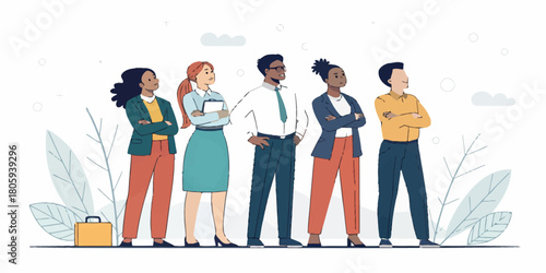Diverse team of professionals standing confidently together, embodying teamwork and success, ready to tackle new challenges with a positive outlook