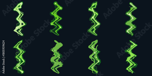 Collection of eight stylized green lightning bolt effects with a dark background for game design and animation
