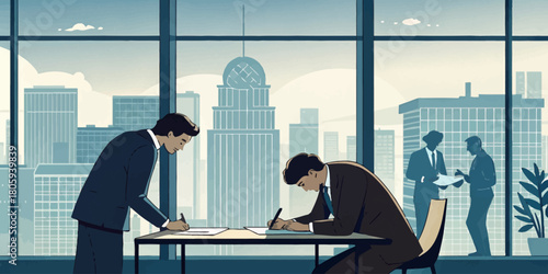 Dynamic business team finalizes deal in modern office overlooking city skyline, illustrating success, partnership, and vision in a sleek, professional style