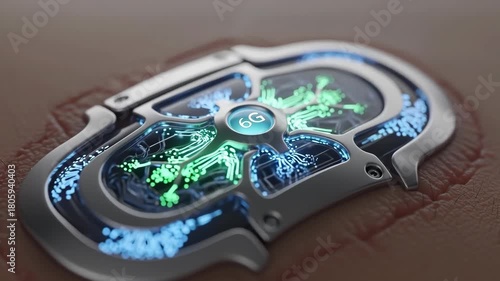 Futuristic 6g implant technology sensor skin glowing green blue with circuit like patterns sleek metallic casing microcircuit metallic badge leather