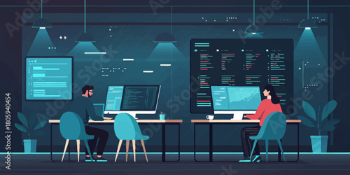 Modern tech team collaborating on code, developing software in a stylish, minimalist office, bringing innovation to life with bright monitors and focused effort