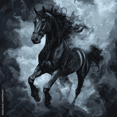 Magnificent black Spanish horse rears up in a dramatic pose, surrounded by a mysterious aura of swirling smoke and mist.  , vector style simple color