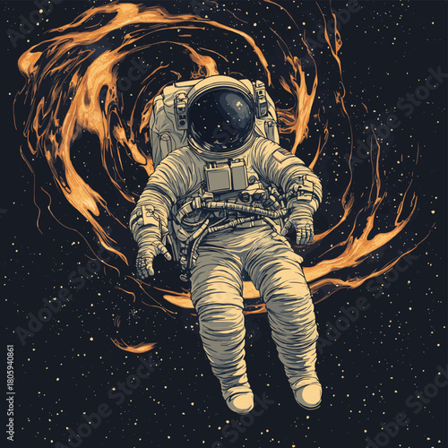 Captivating Moment of an Astronaut Pausing in Spacewalk Amidst Cosmic Infinity , vector style simple color