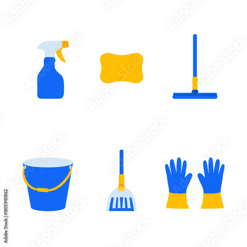 Colorful collection of household cleaning supplies and tools