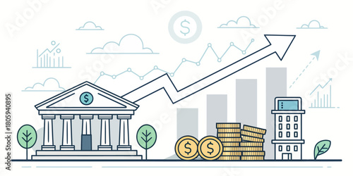 Financial growth illustration showing money, bank, and upward trending graph, perfect for finance, banking, and investment marketing materials