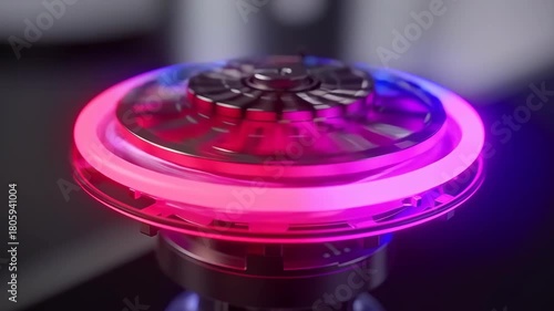 Futuristic technology glowing LED ring mechanical rotor hub turbine with neon magenta and blue light emitting motion blur and sleek metal finish