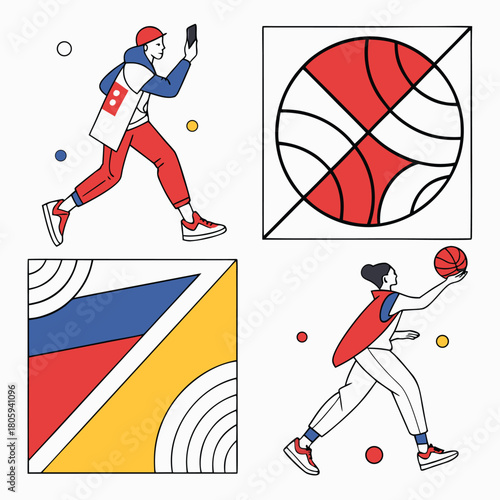 Modern Sports and Social Media Concept. People Playing Basketball and Recording Video with Abstract Geometric Elements.