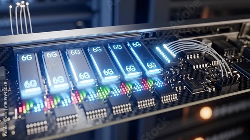 High tech futuristic circuit board with glowing 6g module chips fiber cable connectors powering high speed data center performance and modern network