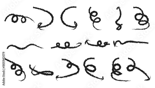 Collection of hand drawn sketchy black arrow icons with various shapes like spiral, curved, and wavy line pointing in different directions