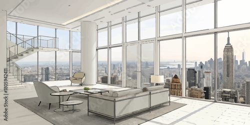 Stunning penthouse apartment interior with breathtaking city views, luxurious and modern living in high-rise with open floor plan and elegant design