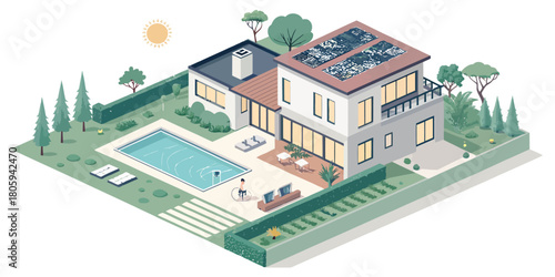 Modern home with solar panels on roof and swimming pool in backyard, promoting sustainable living and energy efficiency, perfect for real estate and green energy