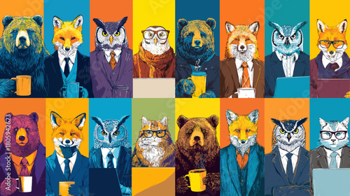 A colorful pop art illustration of animals in business suits working with laptops and coffee, featuring bold colors and humorous character design for modern creative concepts.