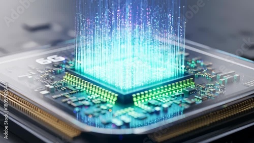 Glowing processor microchip data streams hologram neon technology circuit board emitting futuristic light connectivity and advanced digital innovation