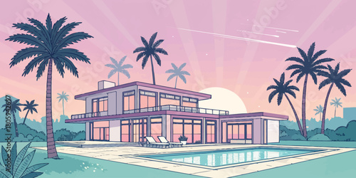 Dreamy tropical villa with pool and palm trees in a pastel sunset, perfect for vacation rentals, luxury living, or relaxing getaways in a paradise setting