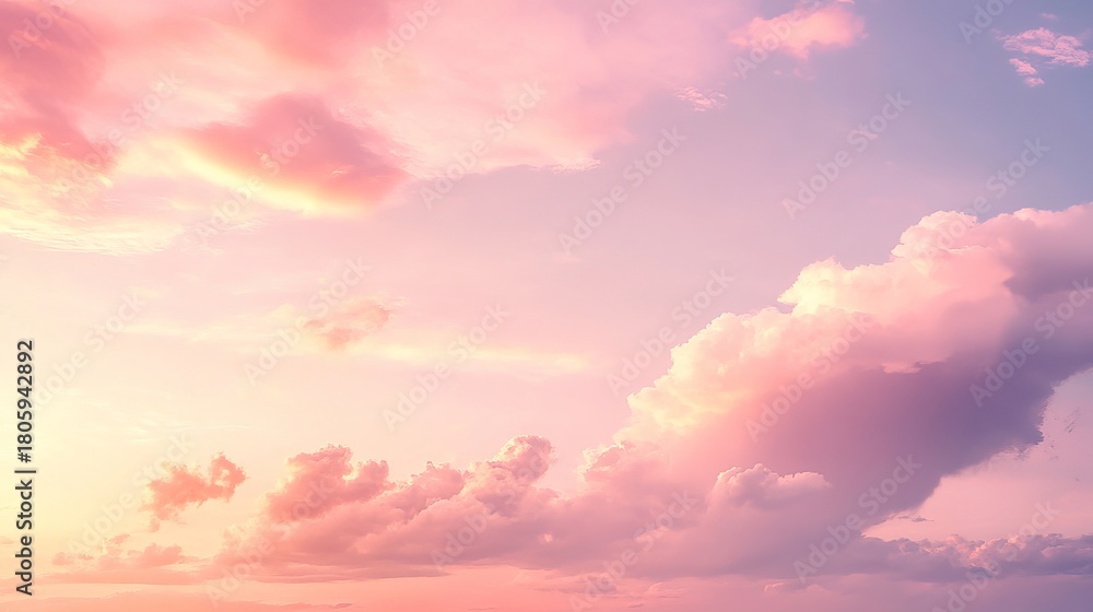Fototapeta premium Soft sunset panorama with gentle pink clouds in tranquil sky
