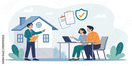 Couple meeting with real estate agent to buy new home, reviewing documents and insurance options for property protection in a modern, secure transaction