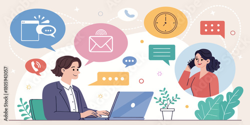 Efficient business communication with email, phone, and online chat, showcasing a modern and connected workplace, originally a scalable vector graphic