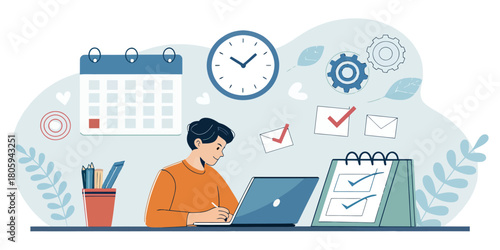 Productive professional working on laptop with calendar, clock, and to-do list in a modern style, perfect for time management and productivity solutions