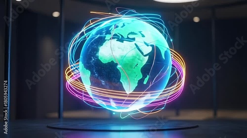 Animated glowing Earth hologram with global connections, perfect for technology, innovation, or futuristic concepts in a modern setting