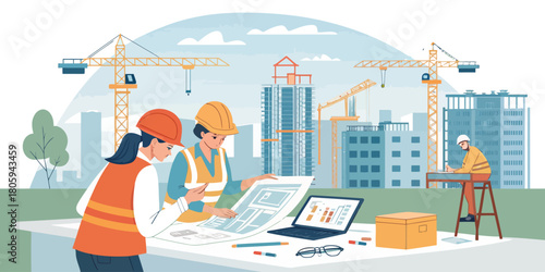 Dynamic construction team reviewing blueprints for new development, showcasing collaboration and expertise in modern urban architecture projects