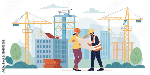 Female architect and construction worker collaborating on building plans at a vibrant construction site, showing teamwork, innovation, and progress