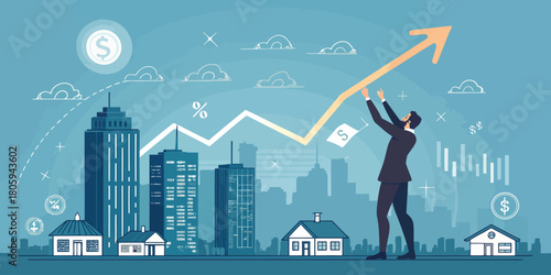 Visualize Business Growth: Executive Guiding Arrow Upward in Cityscape, Representing Financial Success, Real Estate Investment, and Market Trend Projection
