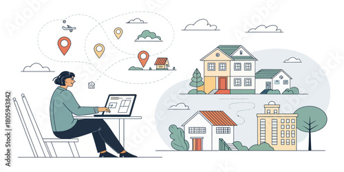Dream Home Awaits Woman Planning Property Investment Online with Modern Laptop, Mapping Real Estate Locations for Future Living, Financial Freedom Journey