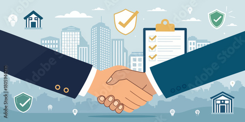 Successful real estate deal handshake with cityscape backdrop, signaling trust, security, and agreement for property investments and home buying solutions