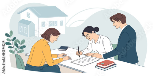 Young couple signs mortgage contract with agent in modern office near new home, achieving dream of homeownership and financial security, future planning