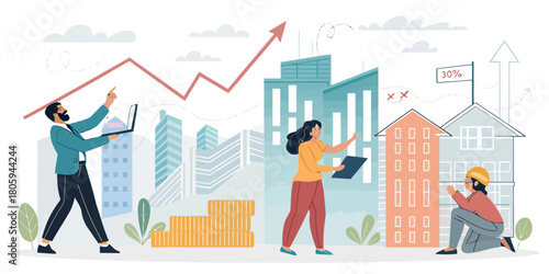 Real estate market growth with property development team analyzing investments and upward trends, creating financial success in an urban landscape
