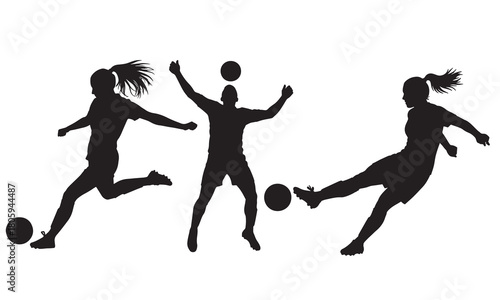 Three women playing soccer silhouette